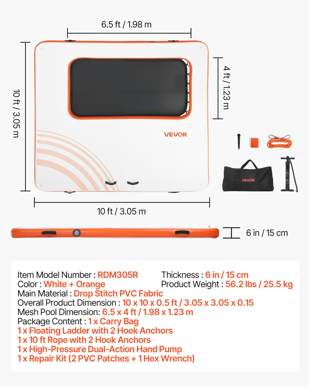 VEVOR Inflatable Floating Dock top view with dimensions and package contents