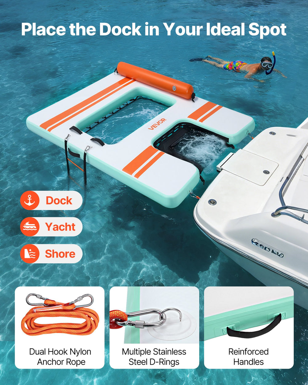VEVOR Inflatable Floating Dock, 8 x 6 FT Inflatable Dock Platform, Non-Slip Water Air Mat with Portable Carrying Bag and Detachable Ladder, Floating Water Platform Island Raft for Pool Beach Ocean