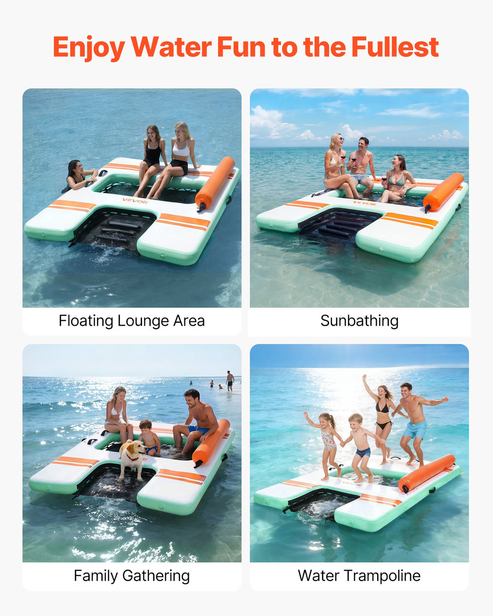 VEVOR Inflatable Floating Dock, 8 x 6 FT Inflatable Dock Platform, Non-Slip Water Air Mat with Portable Carrying Bag and Detachable Ladder, Floating Water Platform Island Raft for Pool Beach Ocean