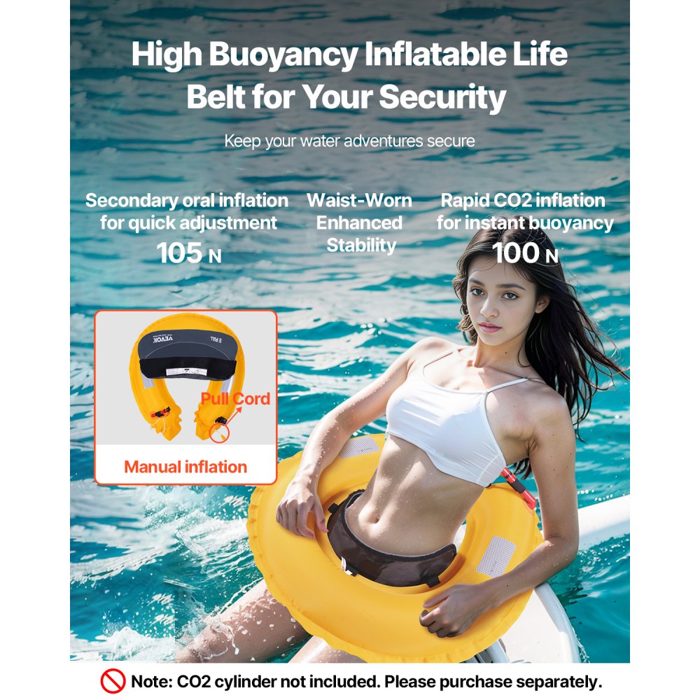 VEVOR Manual Inflatable Belt Pack for Adults, 105N Buoyancy, Over 80 Pounds and Up to 59 in Waist Adjustable, Inflatable PFD Waist for SUP Paddelboarding, Kayaking, Gray (CO2 Cylinder Not Included)