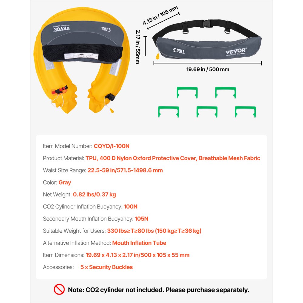 VEVOR Manual Inflatable Belt Pack for Adults, 105N Buoyancy, Over 80 Pounds and Up to 59 in Waist Adjustable, Inflatable PFD Waist for SUP Paddelboarding, Kayaking, Gray (CO2 Cylinder Not Included)