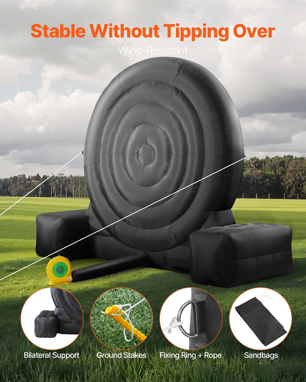 Stable anchoring system with ground stakes, fixing ring and rope, and sandbags (feature graphic)