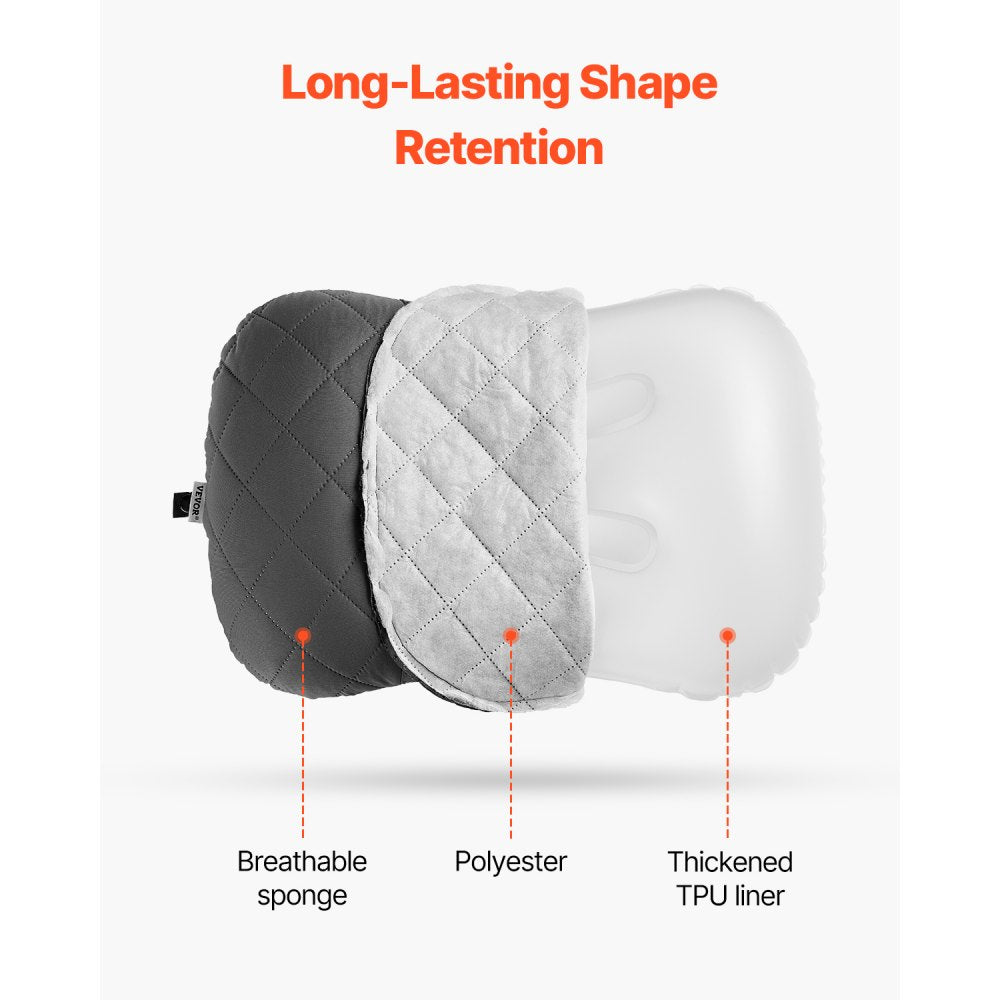 VEVOR Inflatable Camping Pillow, 5-Inch Thickened Travel Pillow, Soft Backpacking Pillows with Removable & Washable Cover, Storage Bag, Lightweight and Portable for Camping, Air Travel, Hiking, Office