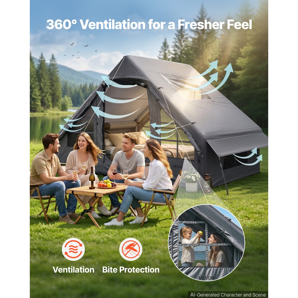 VEVOR Inflatable Tent for Camping 2-4 Person Blow Up Tent with Pump Gray, for Family Outdoor Glamping, Waterproof 420D Oxford, Easy Setup Air House with Skylight, Stove Jack, Mesh Windows & Carry Bag