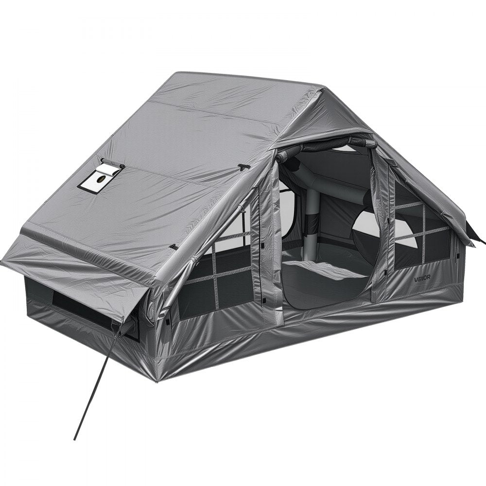 VEVOR Inflatable Tent for Camping 2-4 Person Blow Up Tent with Pump Gray, for Family Outdoor Glamping, Waterproof 420D Oxford, Easy Setup Air House with Skylight, Stove Jack, Mesh Windows & Carry Bag