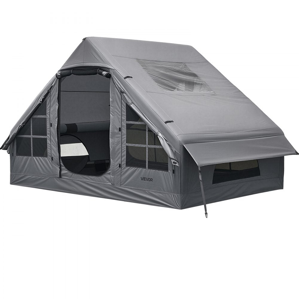 VEVOR Inflatable Tent for Camping 2-4 Person Blow Up Tent with Pump Gray, for Family Outdoor Glamping, Waterproof 420D Oxford, Easy Setup Air House with Skylight, Stove Jack, Mesh Windows & Carry Bag