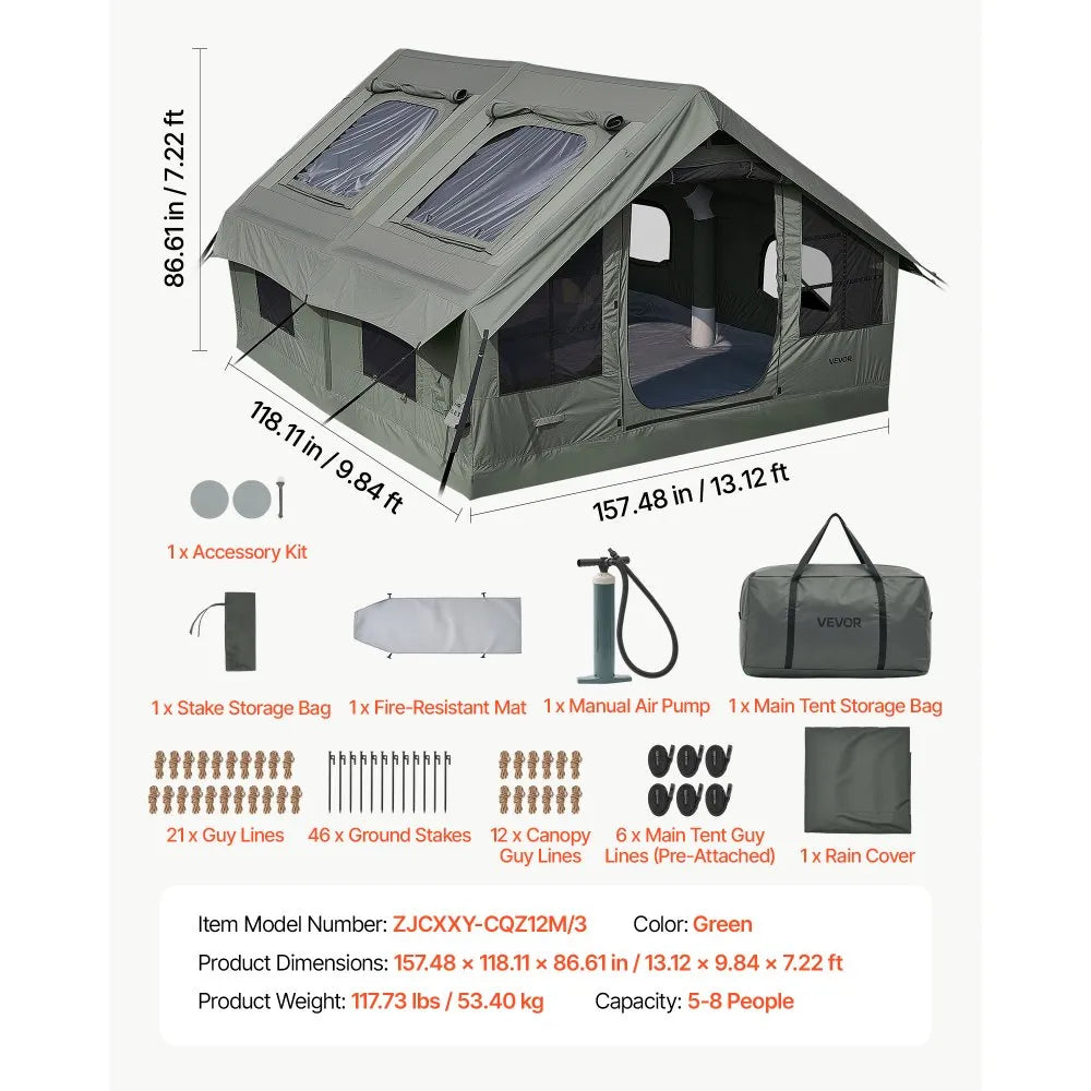 VEVOR Inflatable Tent for Camping 5-8 Person Blow Up Tent with Pump Green, for Family Outdoor Glamping, Waterproof Poly-Cotton, Easy Setup Air House with Skylight, Stove Jack, Mesh Windows & Carry Bag