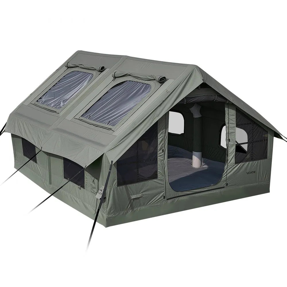 VEVOR Inflatable Tent for Camping 5-8 Person Blow Up Tent with Pump Green, for Family Outdoor Glamping, Waterproof Poly-Cotton, Easy Setup Air House with Skylight, Stove Jack, Mesh Windows & Carry Bag