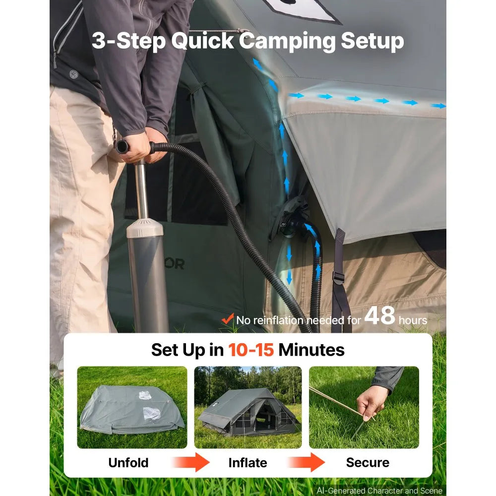VEVOR Inflatable Tent for Camping 5-8 Person Blow Up Tent with Hand Pump, for Family Outdoor Glamping, Waterproof 420D Oxford, Easy Setup Air House with Skylight, Stove Jack, Mesh Windows & Carry Bag