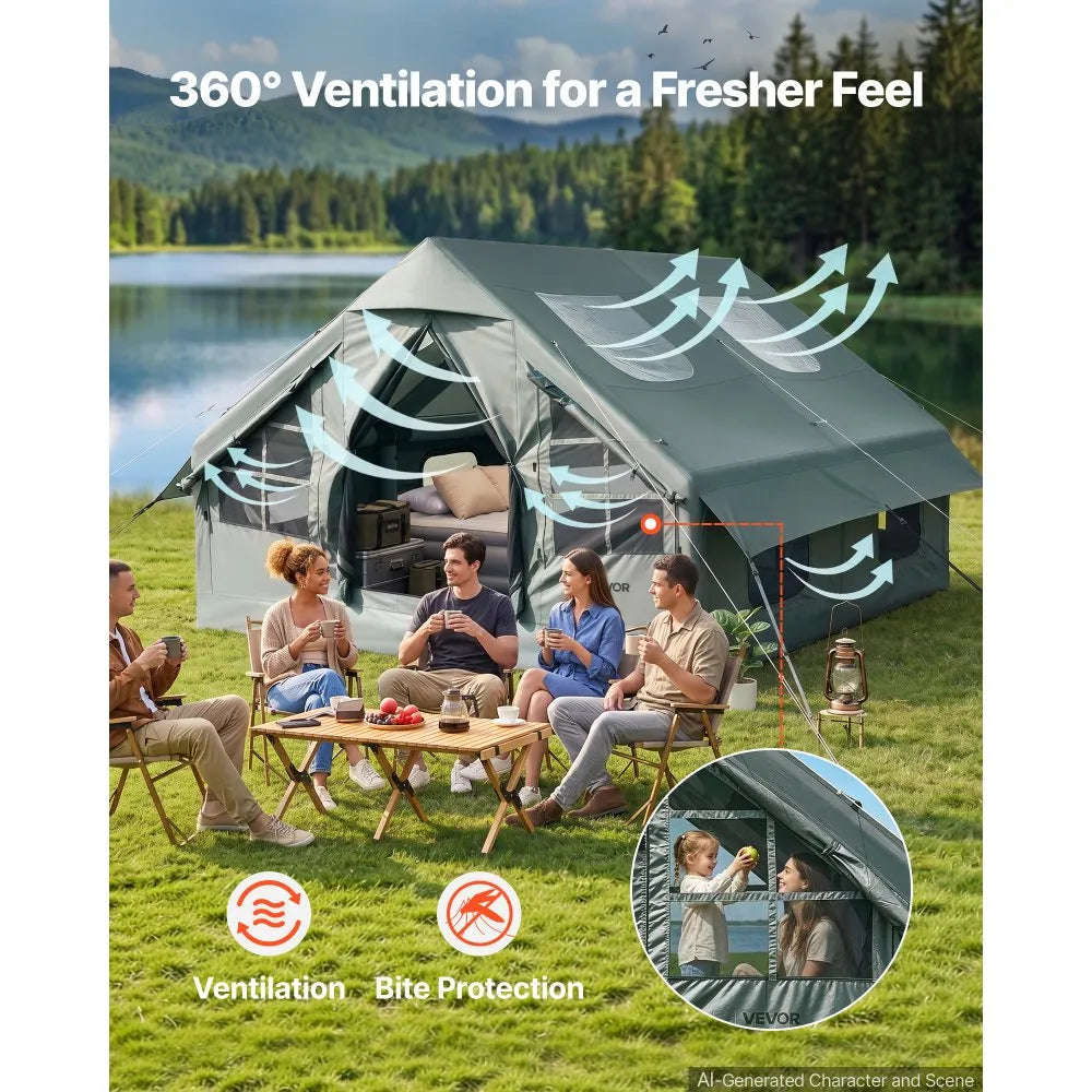 VEVOR Inflatable Tent for Camping 5-8 Person Blow Up Tent with Hand Pump, for Family Outdoor Glamping, Waterproof 420D Oxford, Easy Setup Air House with Skylight, Stove Jack, Mesh Windows & Carry Bag