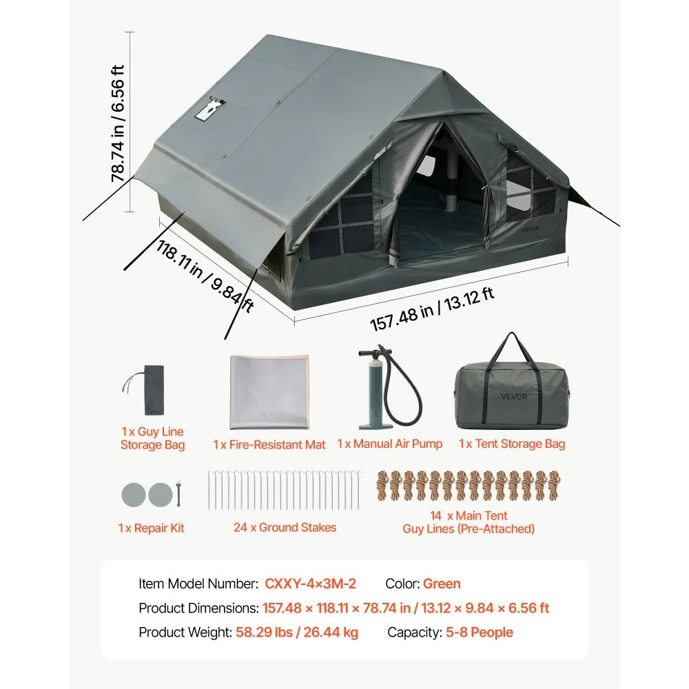 VEVOR Inflatable Tent for Camping 5-8 Person Blow Up Tent with Hand Pump, for Family Outdoor Glamping, Waterproof 420D Oxford, Easy Setup Air House with Skylight, Stove Jack, Mesh Windows & Carry Bag