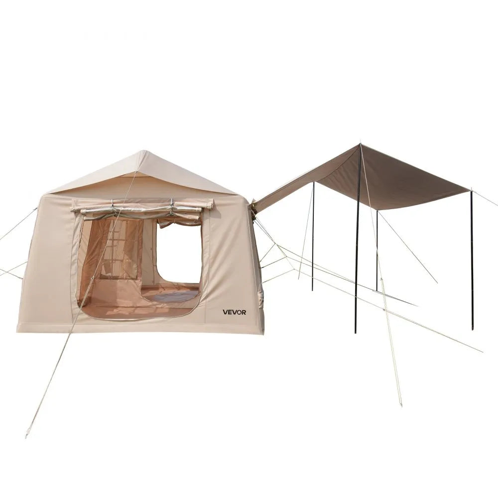 VEVOR Inflatable Tent for Camping 5-8 Person Blow Up Tent with Pump Beige, for Family Outdoor Glamping, Waterproof 420D Oxford, Easy Setup Air House with Skylight, Canopy, Stove Jack & Mesh Windows