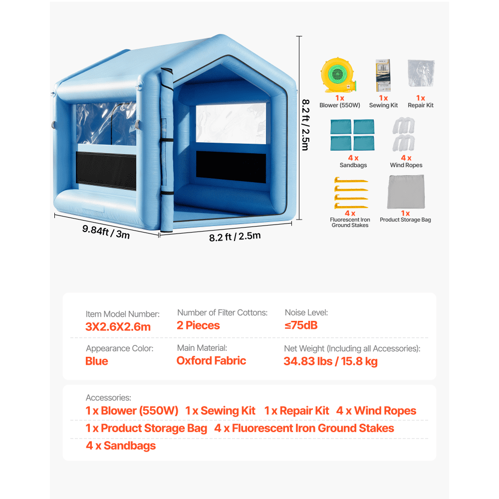 VEVOR Inflatable Paint Booth, 9.84 x 8.2 x 8.2 ft, Inflatable Spray Booth with 550W Powerful Blower and Air Filter System, Triangular Roof, for Painting Bicycle, Motorcycle, Automotive Sheet Metal