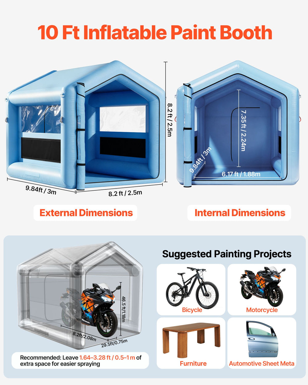 VEVOR Inflatable Paint Booth, 9.84 x 8.2 x 8.2 ft, Inflatable Spray Booth with 550W Powerful Blower and Air Filter System, Triangular Roof, for Painting Bicycle, Motorcycle, Automotive Sheet Metal