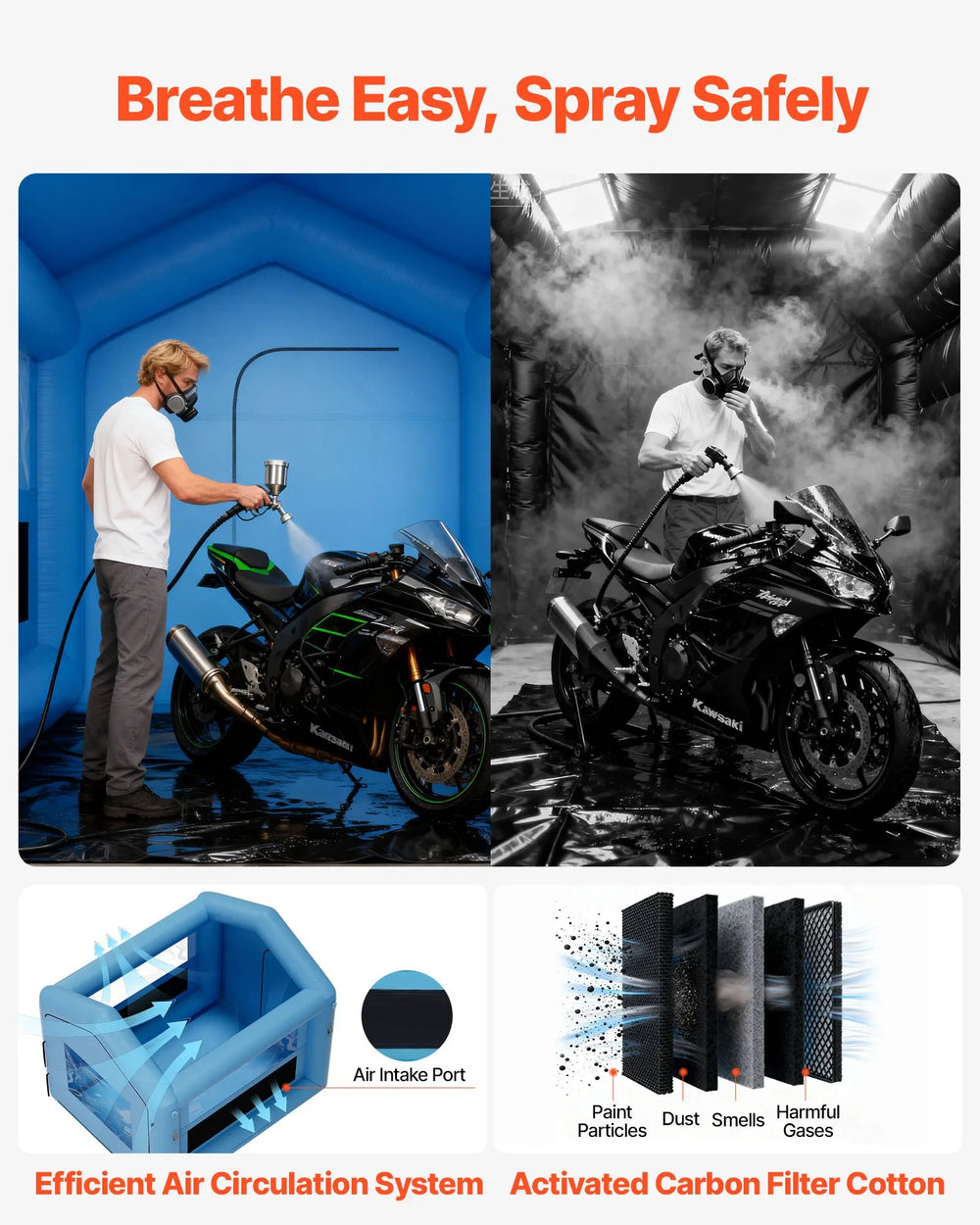 VEVOR Inflatable Paint Booth, 9.84 x 8.2 x 8.2 ft, Inflatable Spray Booth with 550W Powerful Blower and Air Filter System, Triangular Roof, for Painting Bicycle, Motorcycle, Automotive Sheet Metal