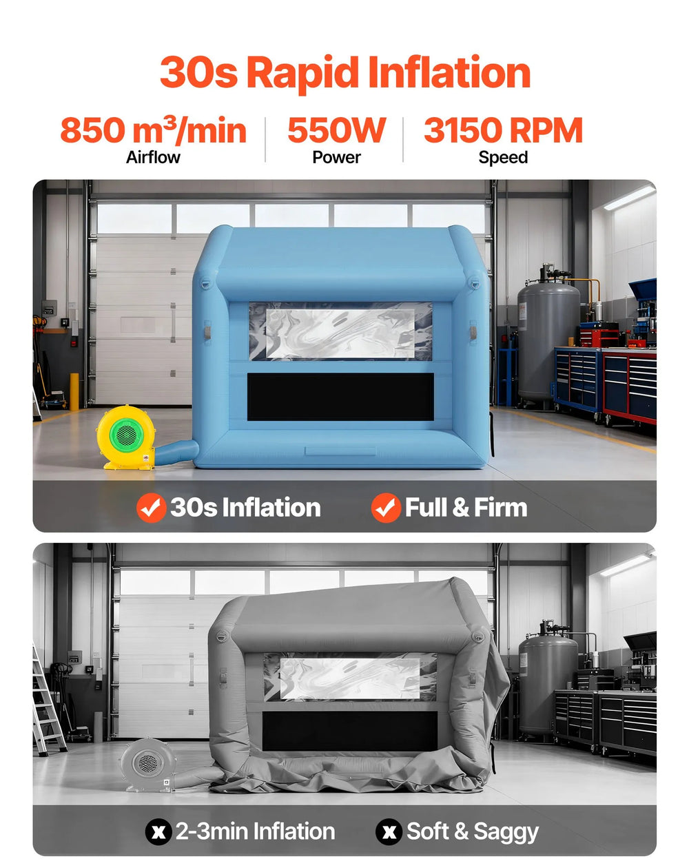 VEVOR Inflatable Paint Booth, 9.84 x 8.2 x 8.2 ft, Inflatable Spray Booth with 550W Powerful Blower and Air Filter System, Triangular Roof, for Painting Bicycle, Motorcycle, Automotive Sheet Metal