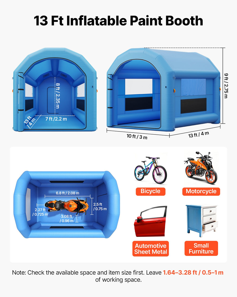 VEVOR Inflatable Paint Booth, 13 x 10 x 9 ft, Portable Spray Booth with 750W Powerful Blower and Large Filter Cotton, Arched Roof Blow Up Painting Tent for Bike, Motorcycle, and Furniture, Blue