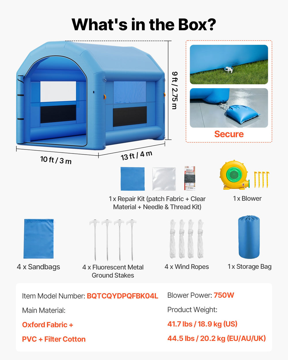 VEVOR Inflatable Paint Booth, 13 x 10 x 9 ft, Portable Spray Booth with 750W Powerful Blower and Large Filter Cotton, Arched Roof Blow Up Painting Tent for Bike, Motorcycle, and Furniture, Blue