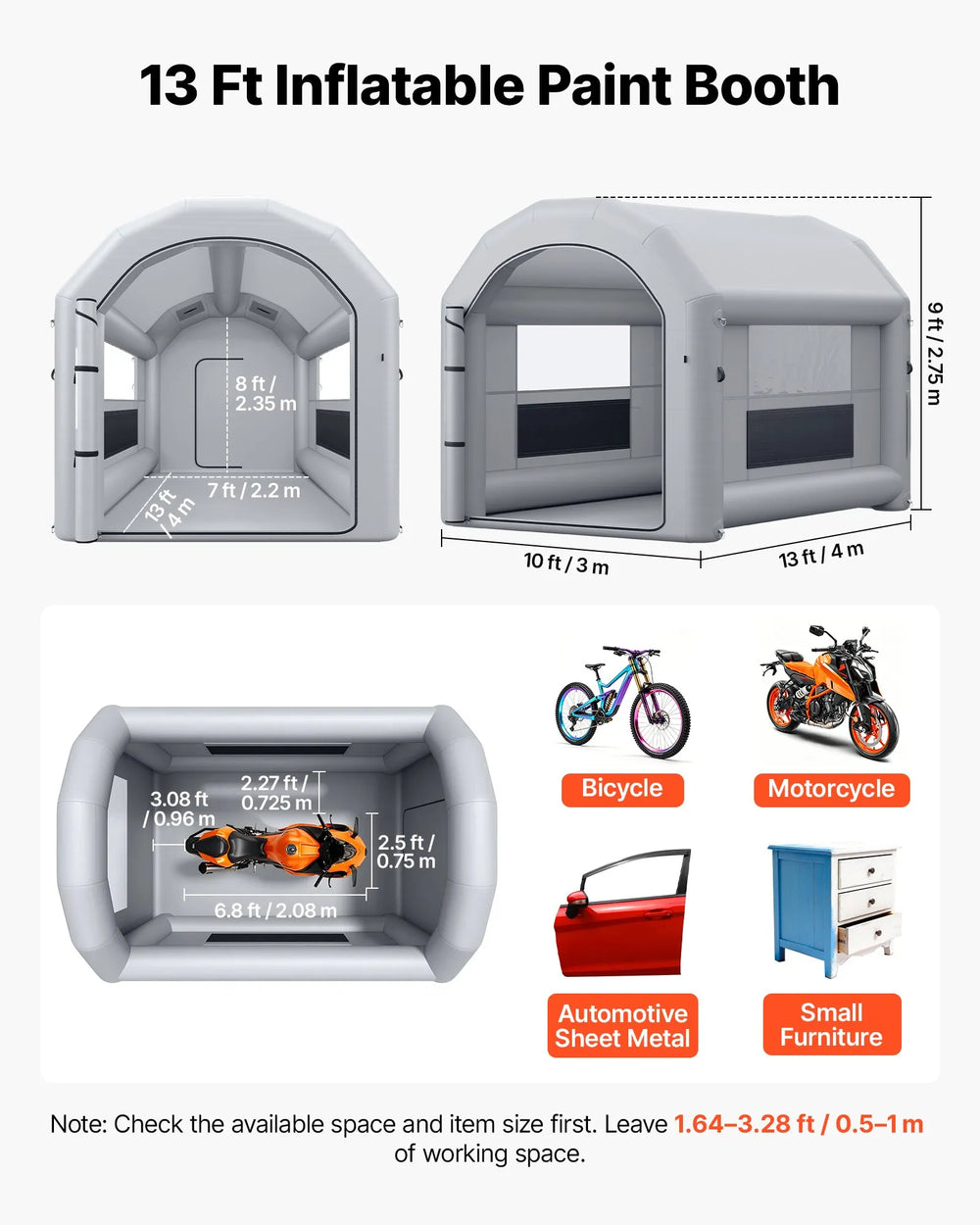 VEVOR Inflatable Paint Booth, 13 x 10 x 9 ft, Portable Spray Booth with 750W Powerful Blower and Large Filter Cotton, Arched Roof Blow Up Painting Tent for Bike, Motorcycle, and Furniture, Gray