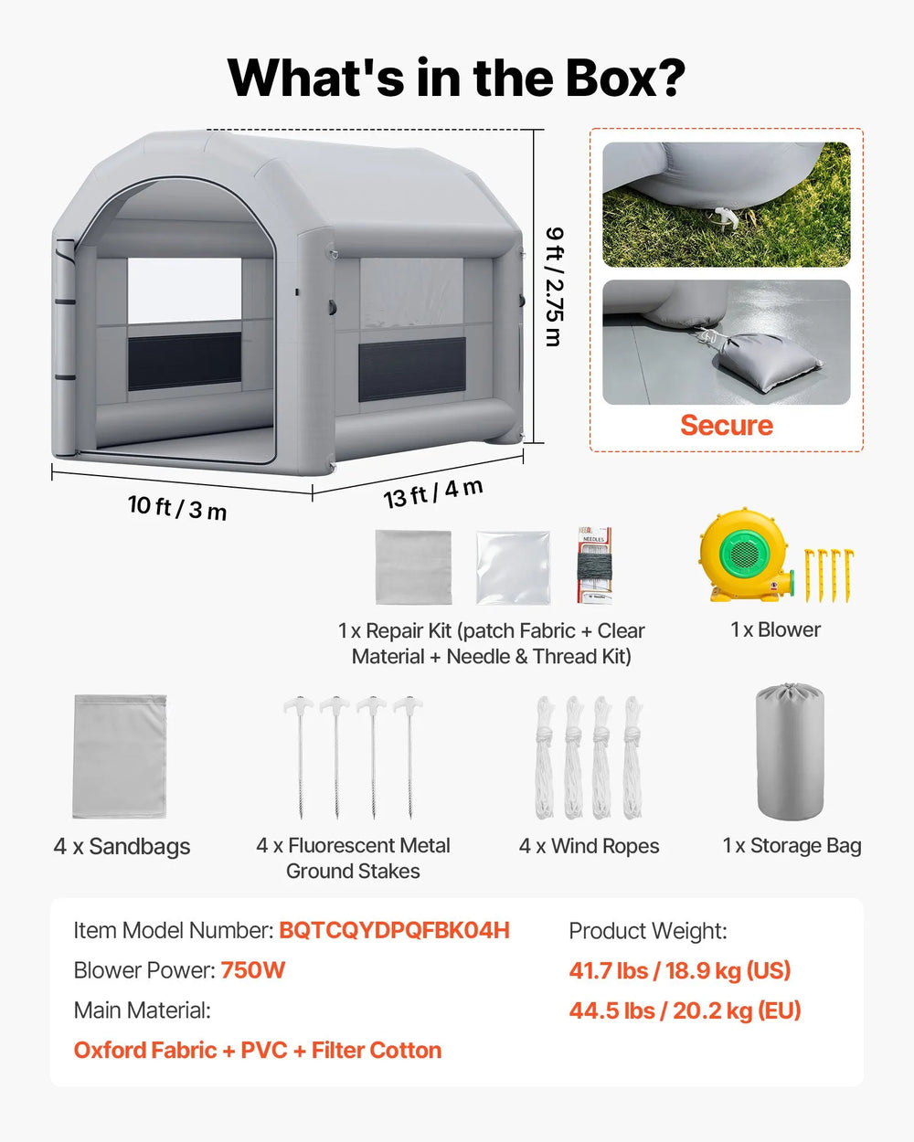 VEVOR Inflatable Paint Booth, 13 x 10 x 9 ft, Portable Spray Booth with 750W Powerful Blower and Large Filter Cotton, Arched Roof Blow Up Painting Tent for Bike, Motorcycle, and Furniture, Gray