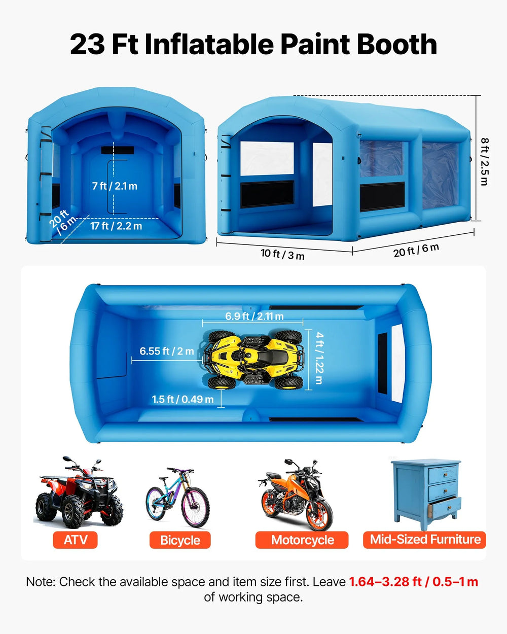 VEVOR Inflatable Paint Booth, 20 x 10 x 8 ft, Portable Spray Booth with 480W+750W Blowers and Large Filter Cotton, Arched Roof Blow Up Painting Tent for ATV, Motorcycle, and Medium Furniture, Blue