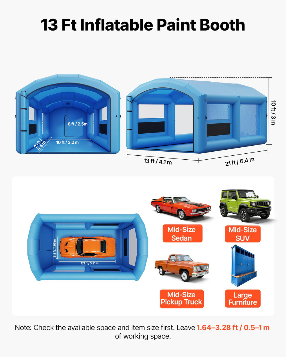 VEVOR Inflatable Paint Booth, 21 x 13 x 10 ft, Portable Spray Booth with 1100W Powerful Blower and Large Filter Cotton, Arched Roof Blow Up Painting Tent for Mid-Size Pickup Truck, Large Furniture