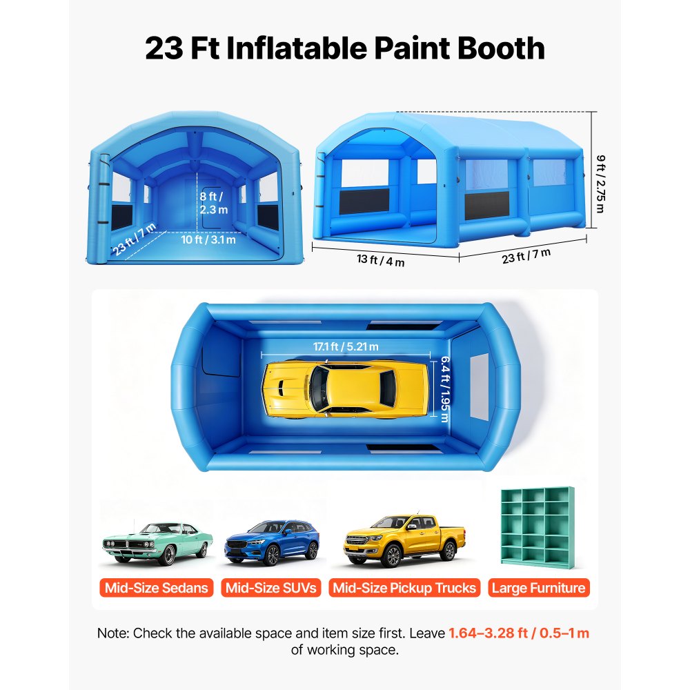 VEVOR Inflatable Paint Booth, 23 x 13 x 9 ft, Portable Spray Booth with 480W+750W Blowers and Large Filter Cotton, Arched Roof Blow Up Painting Tent for Mid-Size Pickup Truck, Large Furniture, Blue