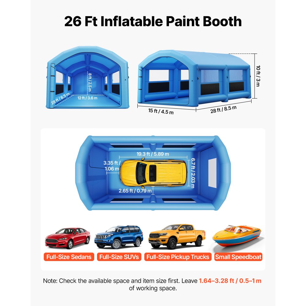 VEVOR Inflatable Paint Booth, 26 x 15 x 10 ft, Portable Spray Booth with 750W+950W Blowers and Large Filter Cotton, Arched Roof Blow Up Painting Tent for Full-Size Pickup Truck, Small Speedboat, Blue