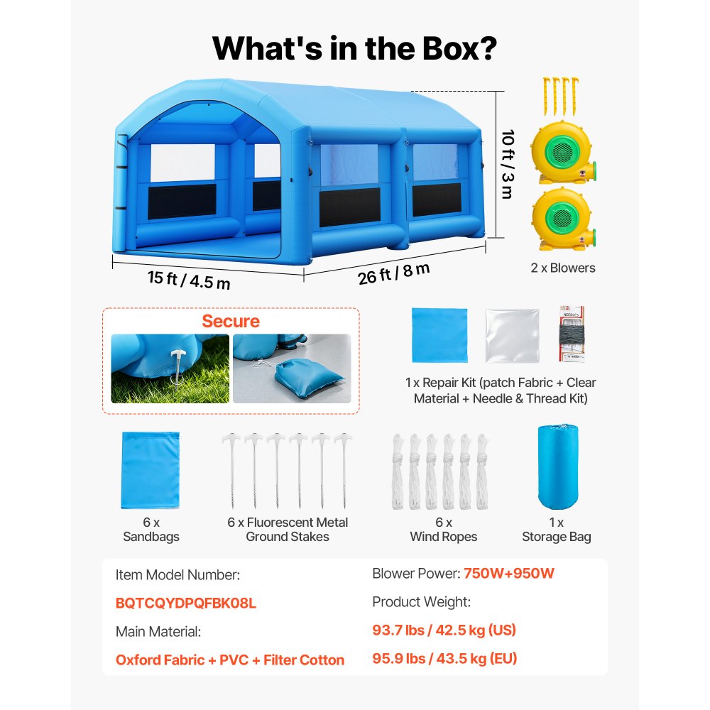 VEVOR Inflatable Paint Booth, 26 x 15 x 10 ft, Portable Spray Booth with 750W+950W Blowers and Large Filter Cotton, Arched Roof Blow Up Painting Tent for Full-Size Pickup Truck, Small Speedboat, Blue
