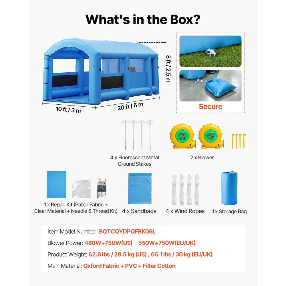 VEVOR Inflatable Paint Booth, 20 x 10 x 8 ft, Portable Spray Booth with 480W+750W Blowers, Large Filter Cotton, Changing Area, Arched Roof Painting Tent for Bike, Motorcycle, and Furniture, Blue