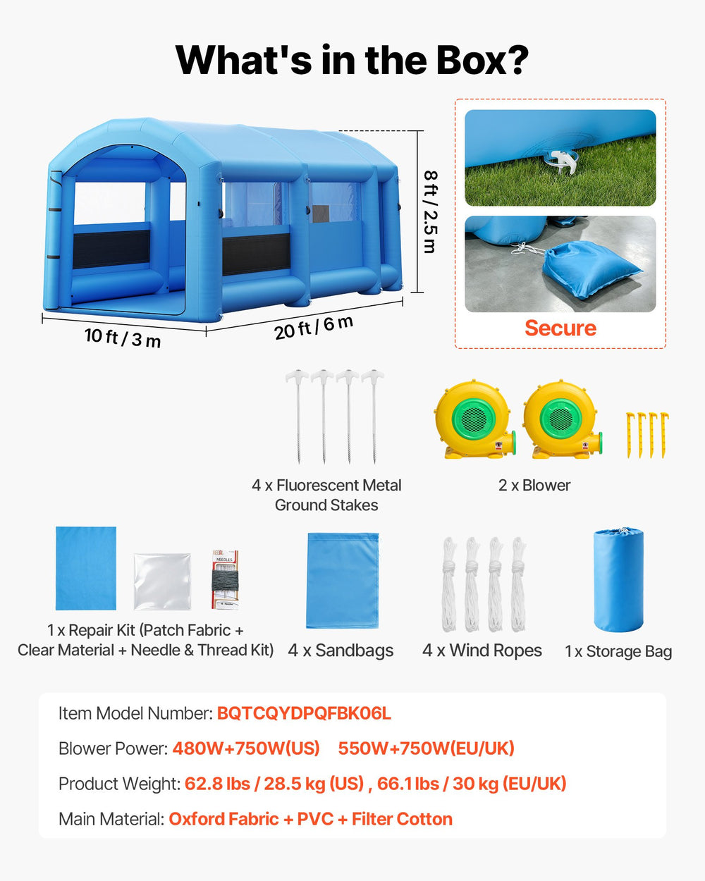 VEVOR Inflatable Paint Booth, 20 x 10 x 8 ft, Portable Spray Booth with 480W+750W Blowers, Large Filter Cotton, Changing Area, Arched Roof Painting Tent for Bike, Motorcycle, and Furniture, Blue
