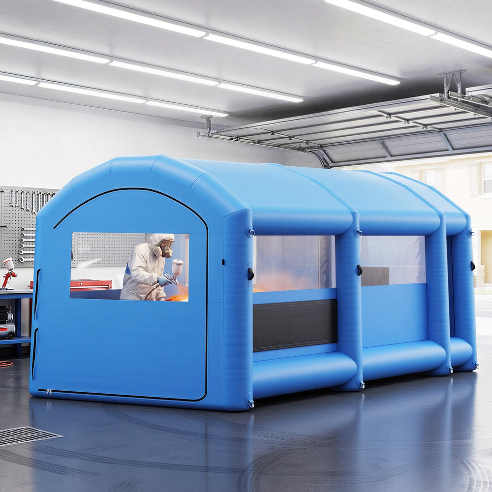 VEVOR Inflatable Paint Booth, 20 x 10 x 8 ft, Portable Spray Booth with 480W+750W Blowers, Large Filter Cotton, Changing Area, Arched Roof Painting Tent for Bike, Motorcycle, and Furniture, Blue