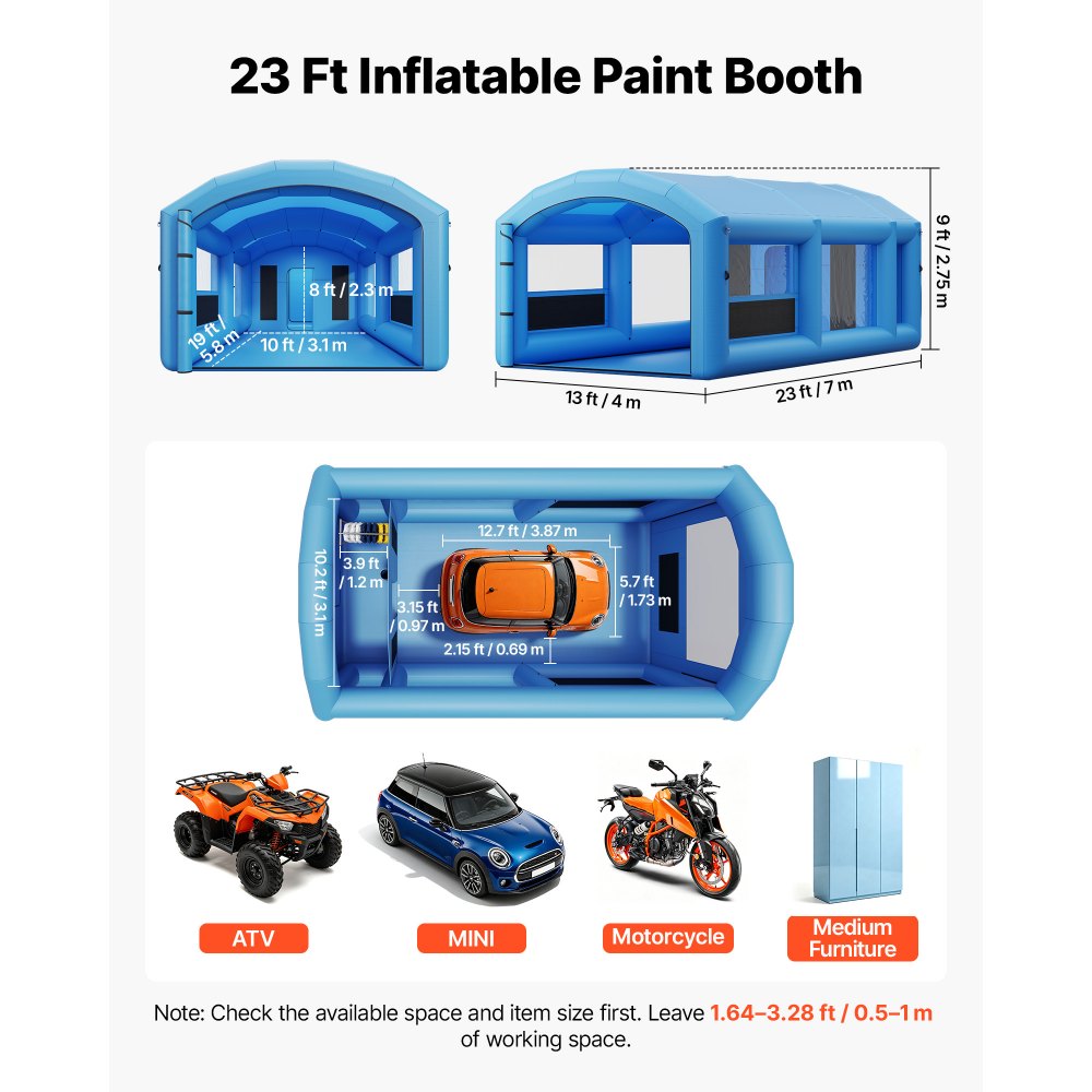VEVOR Inflatable Paint Booth, 23 x 13 x 9 ft, Portable Spray Booth with 480W+750W Blowers, Large Filter Cotton, Changing Area, Arched Roof Painting Tent for ATV, Motorcycle, Medium Furniture, Blue