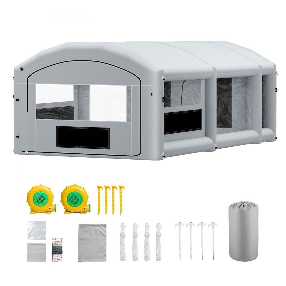 VEVOR Inflatable Paint Booth, 26 x 15 x 10 ft, Portable Spray Booth with 750W+950W Blowers, Large Filter Cotton, Changing Area, Arched Roof Painting Tent for Mid-Size Pickup, Large Furniture, Gray