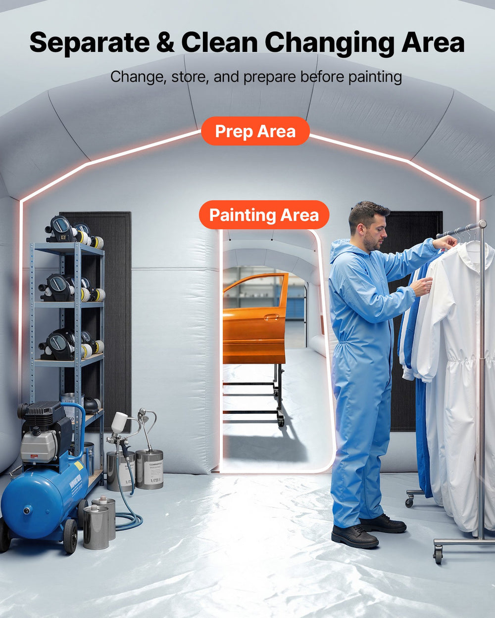 VEVOR Inflatable Paint Booth, 26 x 15 x 10 ft, Portable Spray Booth with 750W+950W Blowers, Large Filter Cotton, Changing Area, Arched Roof Painting Tent for Mid-Size Pickup, Large Furniture, Gray