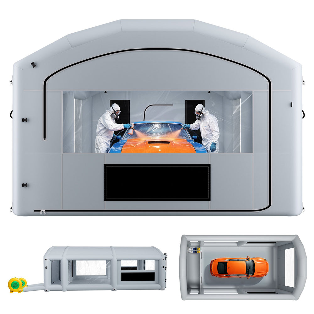 VEVOR Inflatable Paint Booth, 26 x 15 x 10 ft, Portable Spray Booth with 750W+950W Blowers, Large Filter Cotton, Changing Area, Arched Roof Painting Tent for Mid-Size Pickup, Large Furniture, Gray