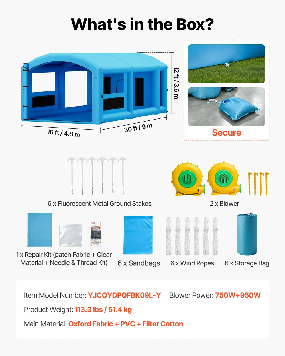 VEVOR Inflatable Paint Booth, 30 x 16 x 12 ft, Portable Spray Booth with 750W+950W Blowers, Large Filter Cotton, Changing Area, Arched Roof Painting Tent for Full-Size Pickup, Small Speedboat, Blue