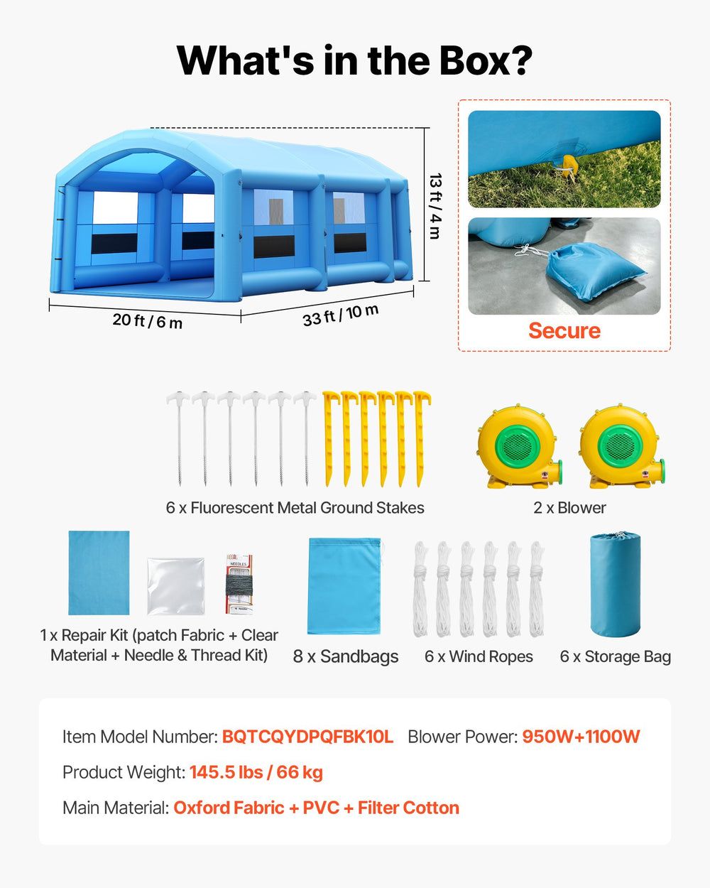 VEVOR Inflatable Paint Booth, 33 x 20 x 13 ft, Portable Spray Booth with 950W+1100W Blowers, Large Filter Cotton, Changing Area, Arched Roof Painting Tent for Full-Size Pickup Truck, Small Speedboat