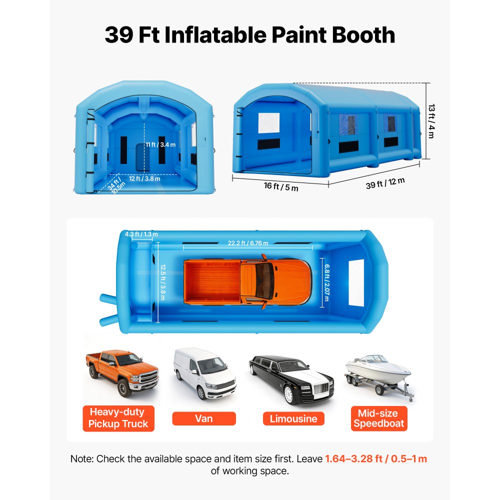 VEVOR Inflatable Paint Booth, 39 x 16 x 13 ft, Portable Spray Booth with 950W+1100W Blowers, Large Filter Cotton, Changing Area, Arched Roof Painting Tent for Heavy-Duty Pickup Truck and Van, Blue