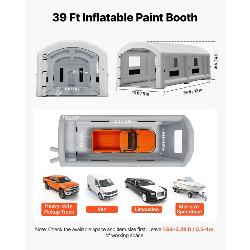 VEVOR Inflatable Paint Booth, 39 x 16 x 13 ft, Portable Spray Booth with 950W+1100W Blowers, Large Filter Cotton, Changing Area, Arched Roof Painting Tent for Heavy-Duty Pickup Truck and Van, Gray