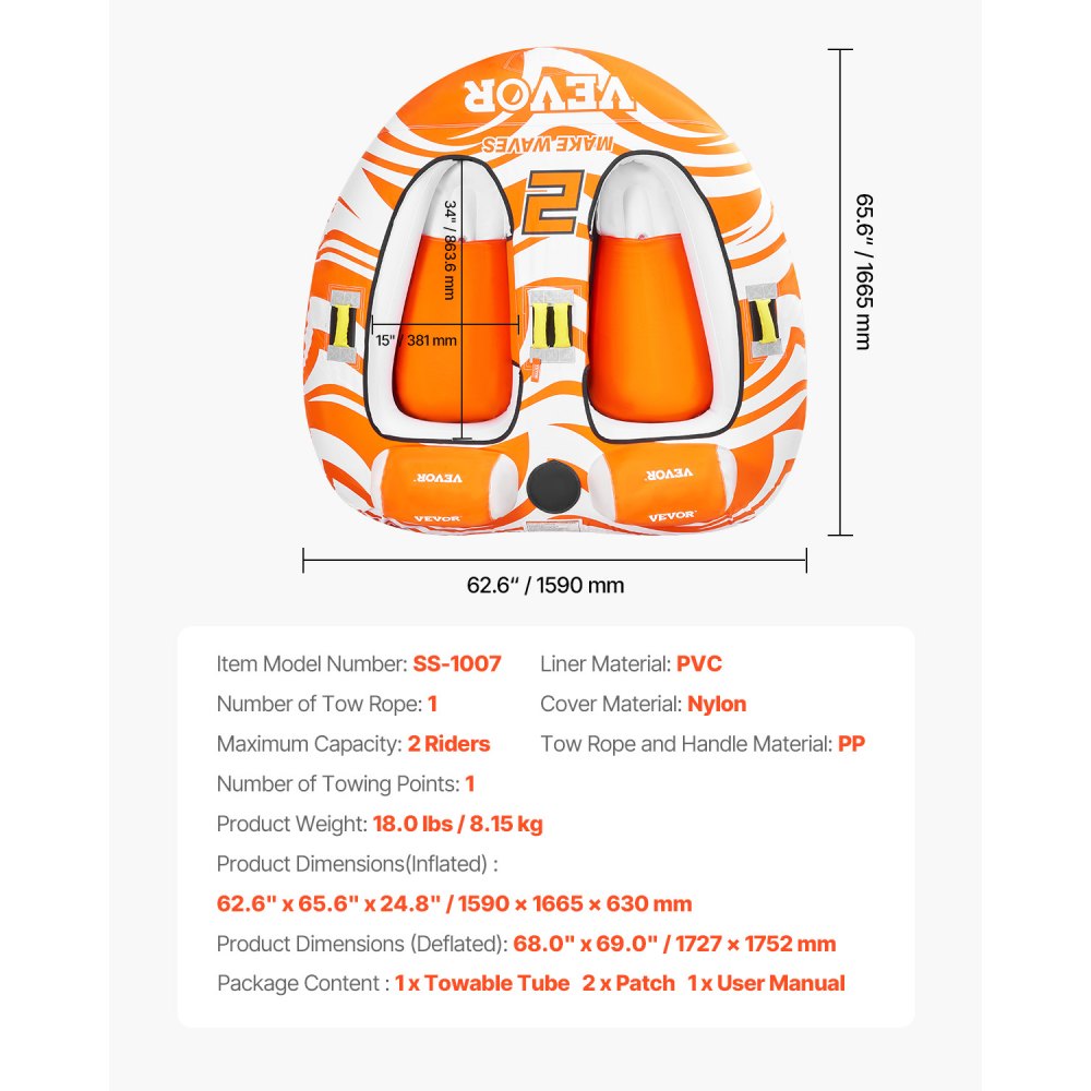 VEVOR Towable Tubes for Boating 2 Person, Inflatable Boat Tubes and Towables with 2 Cockpits, 340lbs Water Sport Tubes for Boat to Pull - with 840D Full Nylon Cover, Padded Grab Handles & Safety Valve