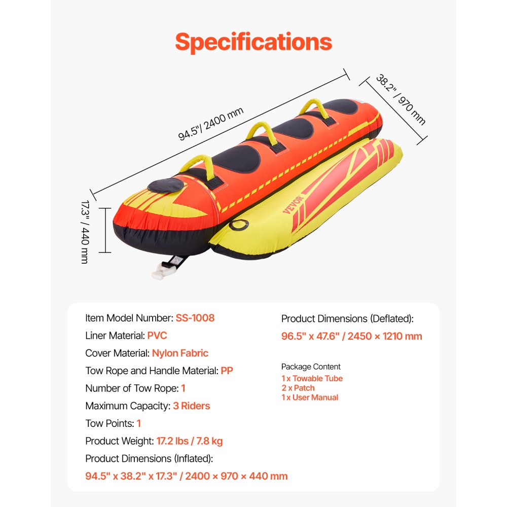 VEVOR Towable Tubes for Boating, 1-3 Riders Inflatable Boat Tubes and Towables, 510lbs Capacity Hot Dog Water Sport Tube for Boat to Pull - with Full Nylon Cover, Padded Handles & Speed Safety Valve