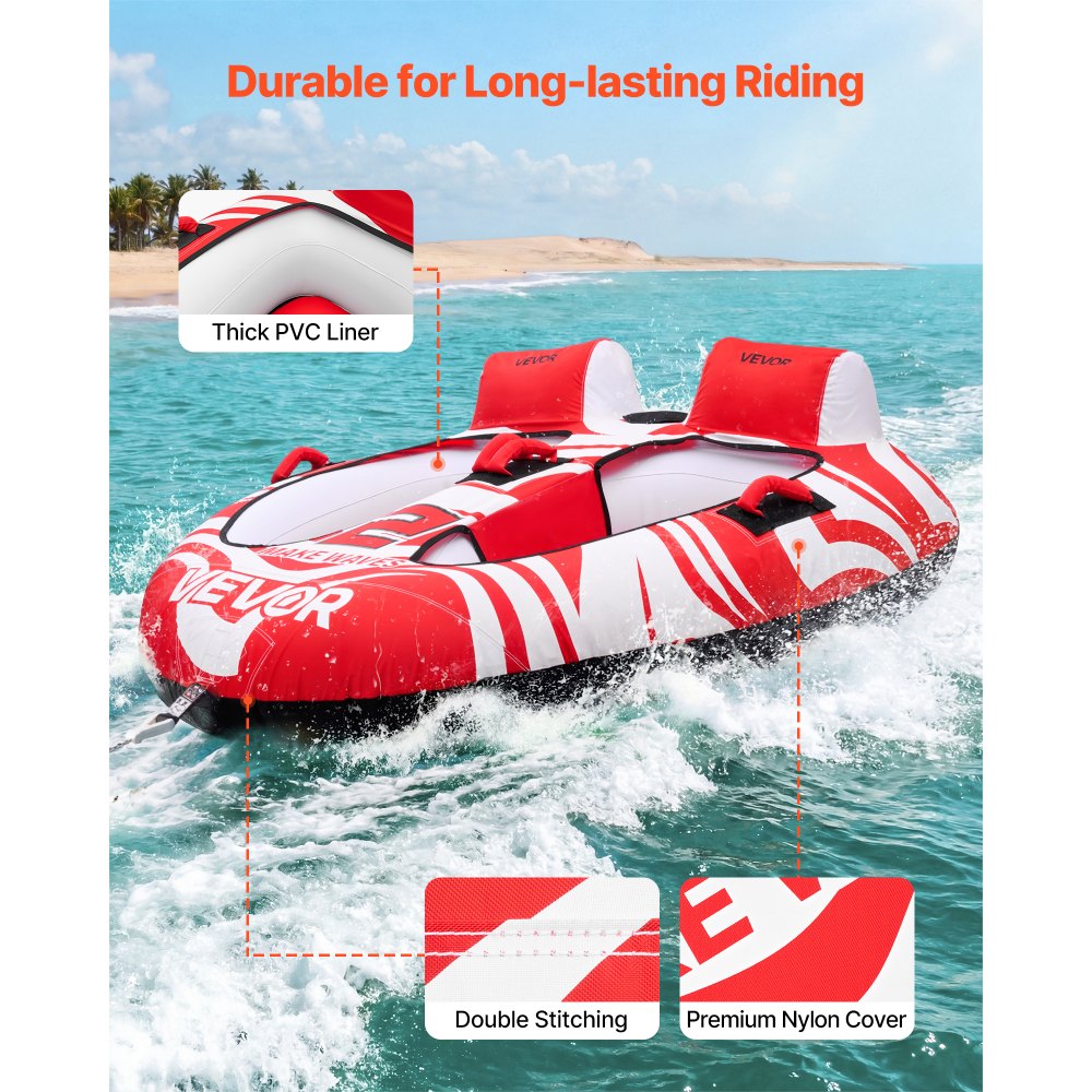 VEVOR Towable Tubes for Boating, 2-Rider Inflatable Boat Tubes and Towables, 340 lbs Capacity Water Sport Tubes for Boat to Pull - with 2 Cockpits, Full Nylon Cover, Padded Grab Handles & Safety Valve
