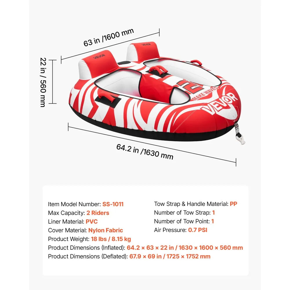 VEVOR Towable Tubes for Boating, 2-Rider Inflatable Boat Tubes and Towables, 340 lbs Capacity Water Sport Tubes for Boat to Pull - with 2 Cockpits, Full Nylon Cover, Padded Grab Handles & Safety Valve