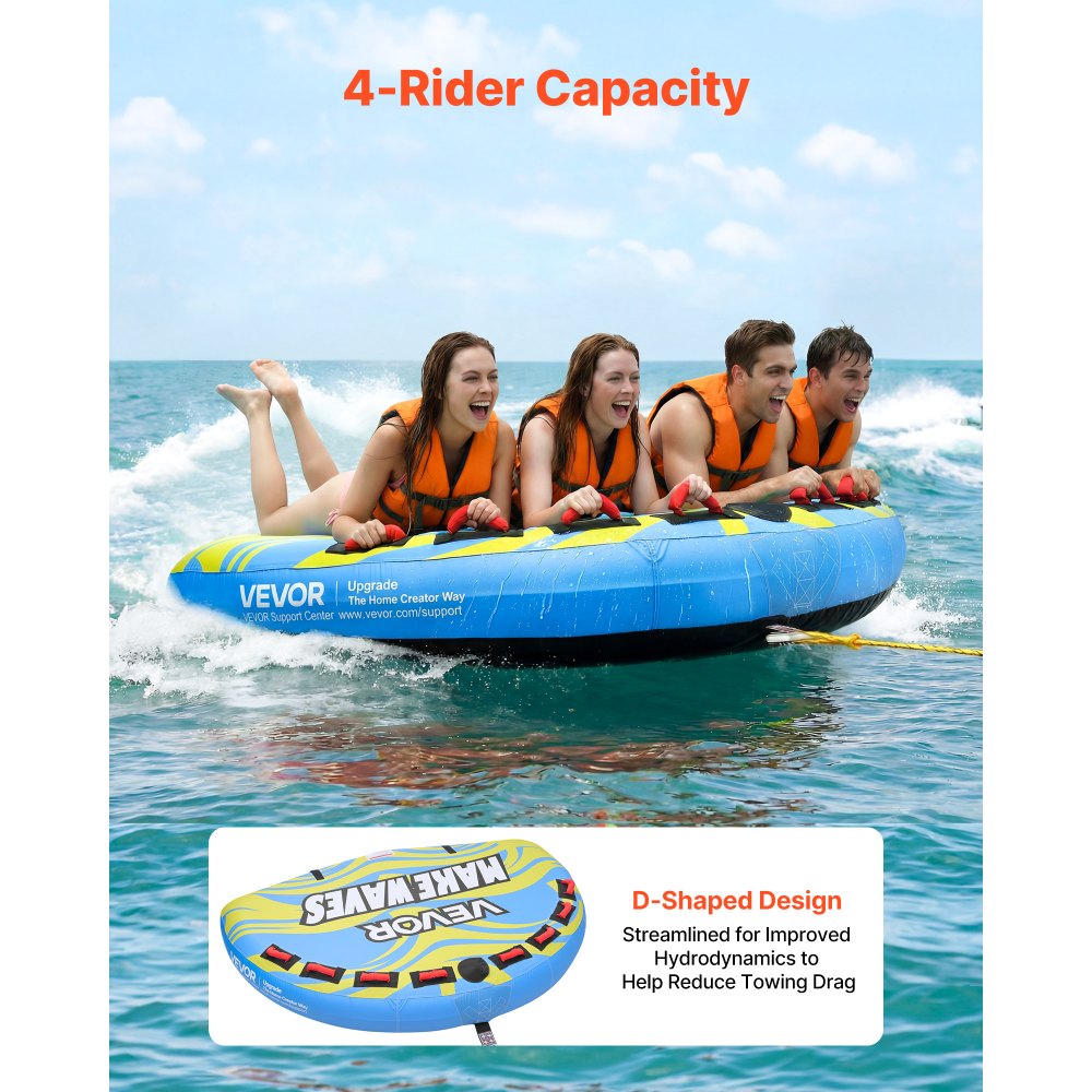 VEVOR Towable Tube for Boating, 4 Riders Inflatable Boat Tubes and Towables, 680 lbs Capacity Water Sport Towable Tube for Boat to Pull - with Fins, Full Nylon Cover, Padded Handles & Safety Valve