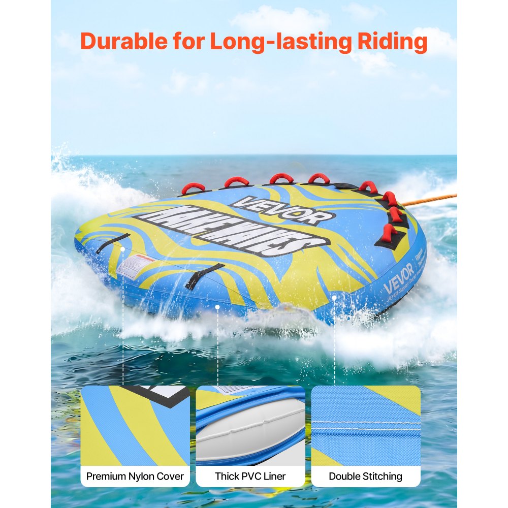 VEVOR Towable Tube for Boating, 4 Riders Inflatable Boat Tubes and Towables, 680 lbs Capacity Water Sport Towable Tube for Boat to Pull - with Fins, Full Nylon Cover, Padded Handles & Safety Valve