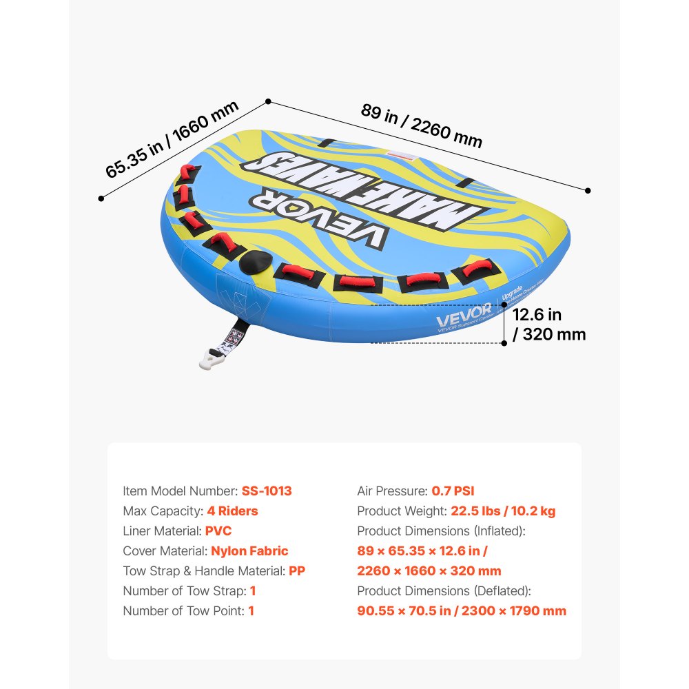 VEVOR Towable Tube for Boating, 4 Riders Inflatable Boat Tubes and Towables, 680 lbs Capacity Water Sport Towable Tube for Boat to Pull - with Fins, Full Nylon Cover, Padded Handles & Safety Valve
