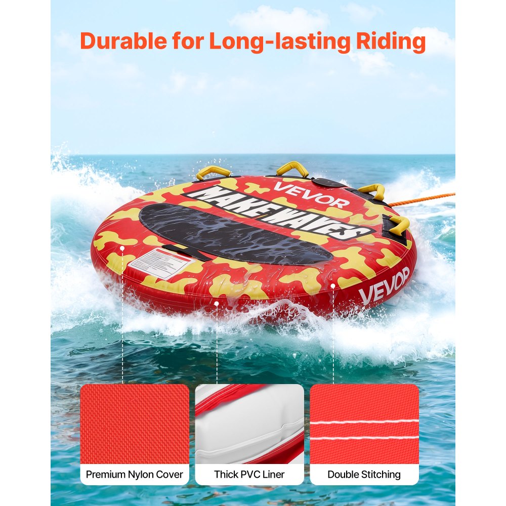 VEVOR Towable Tubes for Boating, 2-Rider Inflatable Boat Tubes and Towables, 340lbs Capacity Water Sport Tube for Boat to Pull - with Anti-Slip Pad, Full Nylon Cover, Padded Handles & Safety Valve