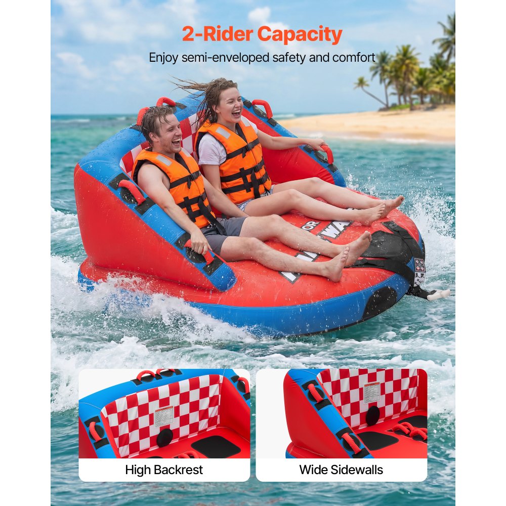 VEVOR Towable Tubes for Boating, 2-Rider Inflatable Towable Tube for Boat to Pull, 340 lbs Capacity Water Sports Boating Tubes - with Full Nylon Cover, Dual Tow Points, Safety Valve & Padded Handles