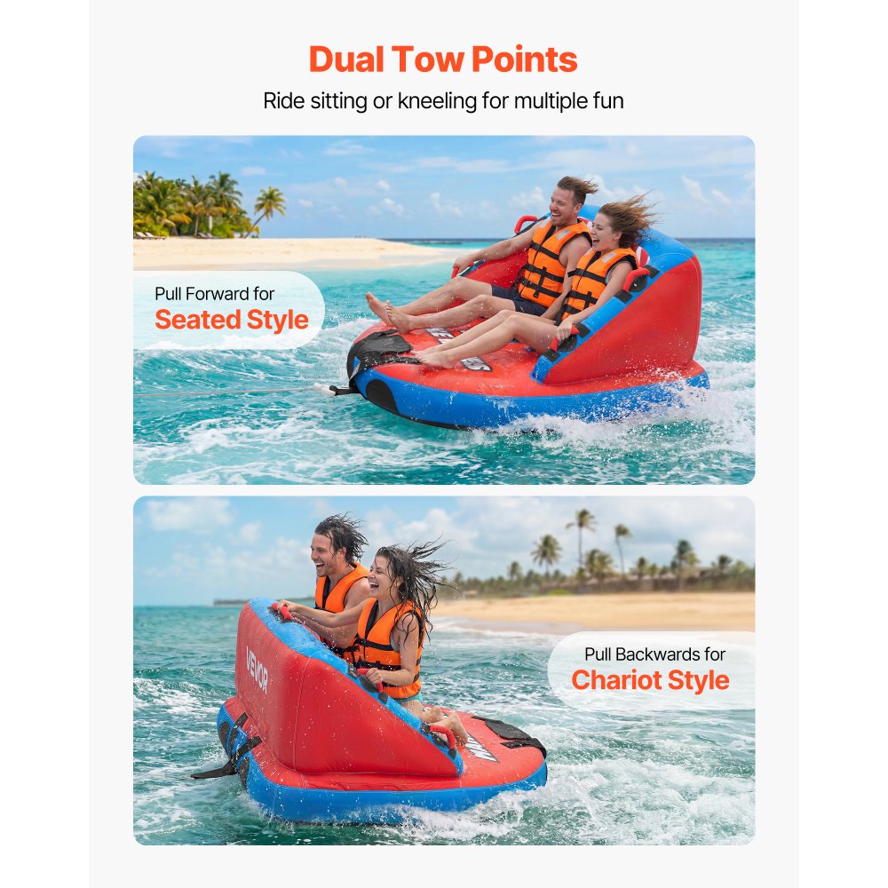 VEVOR Towable Tubes for Boating, 2-Rider Inflatable Towable Tube for Boat to Pull, 340 lbs Capacity Water Sports Boating Tubes - with Full Nylon Cover, Dual Tow Points, Safety Valve & Padded Handles